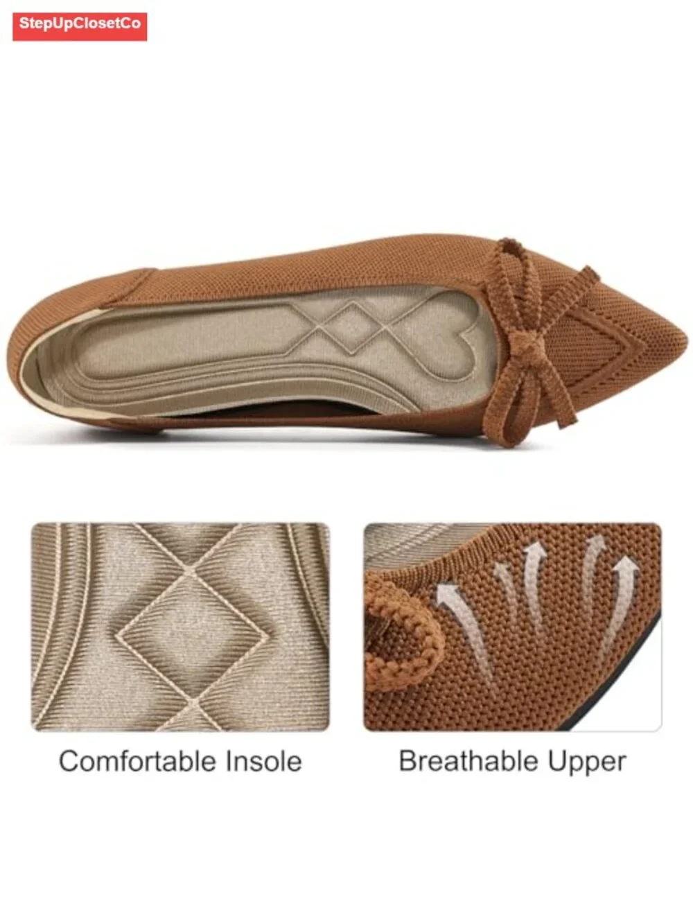 Dressy Pointed Toe Bow Knit Ballet Flats - Comfortable Memory Foam Slip On Shoes
